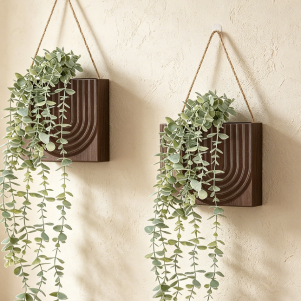 Wooden Vase with Artificial Eucalyptus & Wall Decor