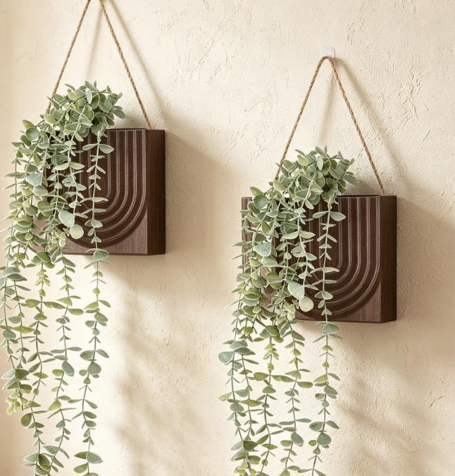 Wooden Vase with Artificial Eucalyptus & Wall Decor