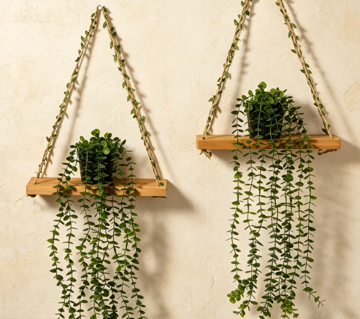 Wooden Shelf with Artificial Greenery & Wall Decor - Image 2