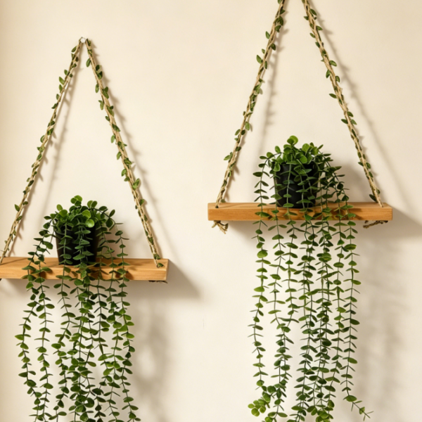 Wooden Shelf with Artificial Greenery & Wall Decor