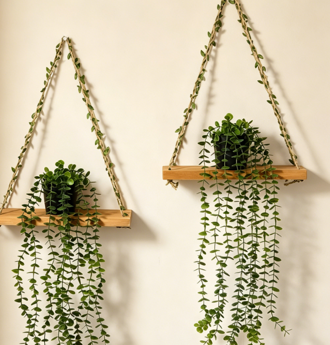 Wooden Shelf with Artificial Greenery & Wall Decor