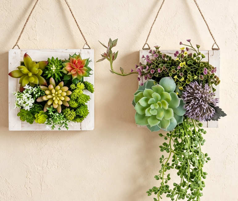 Artificial Succulent Wall Decor in Wooden Frame