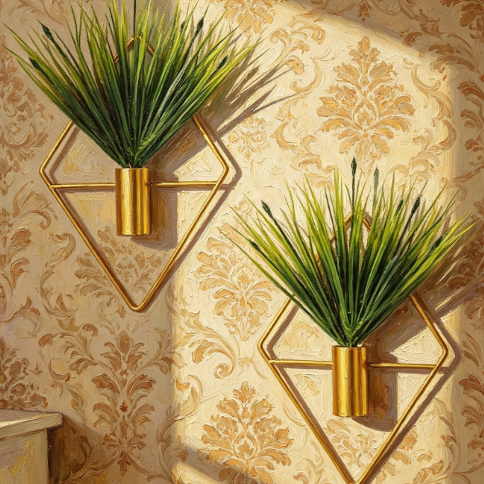 Gold Geometric Wall Decor with Artificial Aquatic Plants - Image 2