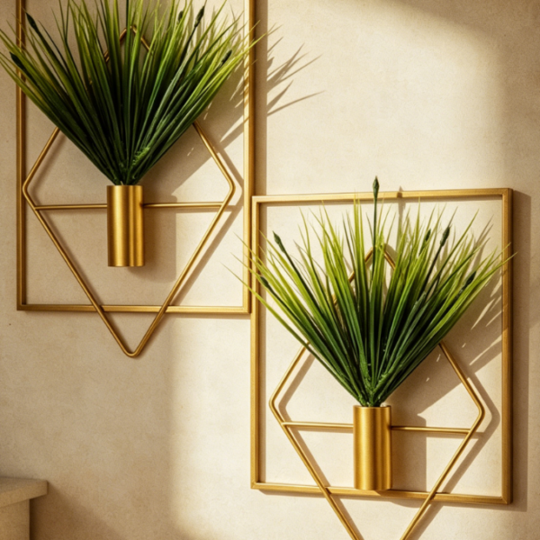 Gold Geometric Wall Decor with Artificial Aquatic Plants