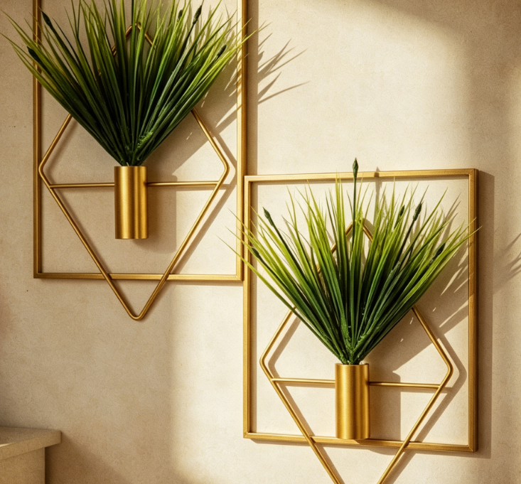 Gold Geometric Wall Decor with Artificial Aquatic Plants