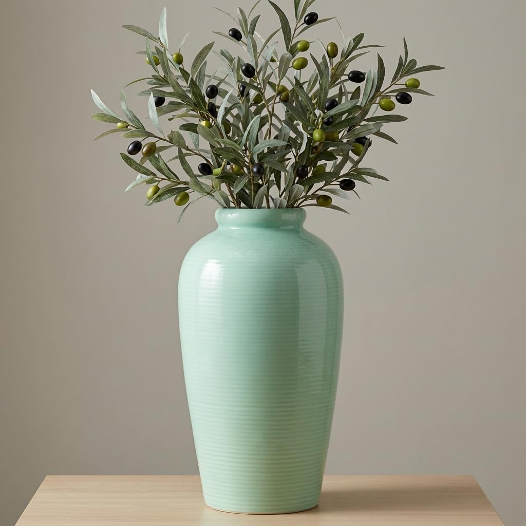 Green Ceramic Vase, Modern Tall Decorative Piece