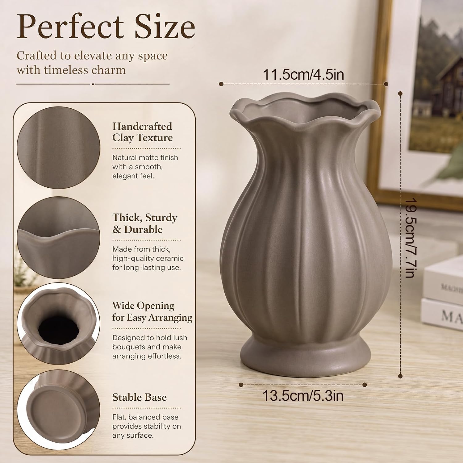 Small Ceramic Vase, Grey Ruffled-Edge Ornament - Image 2