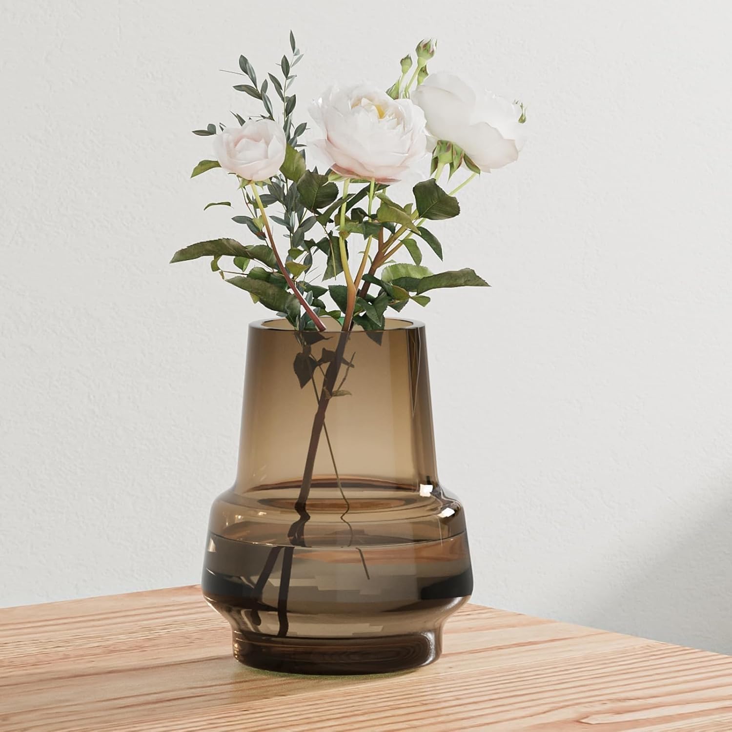 Amber Glass Vase, Modern Wide-Mouth Decorative Piece