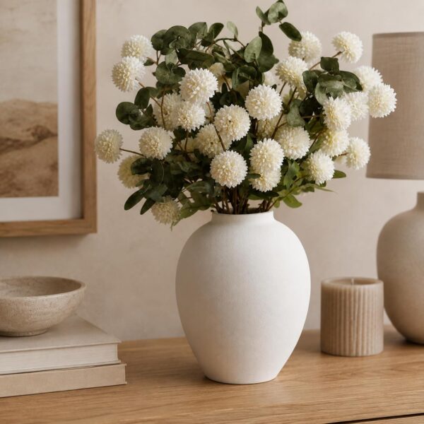 White Ceramic Vase, Includes Artificial Chrysanthemum Set