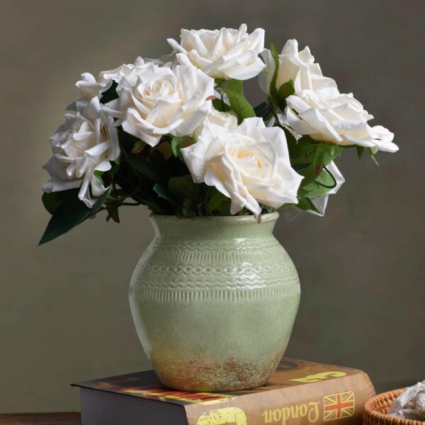 Rustic Farmhouse Ceramic Vase, Green Distressed-Finish Tabletop Piece