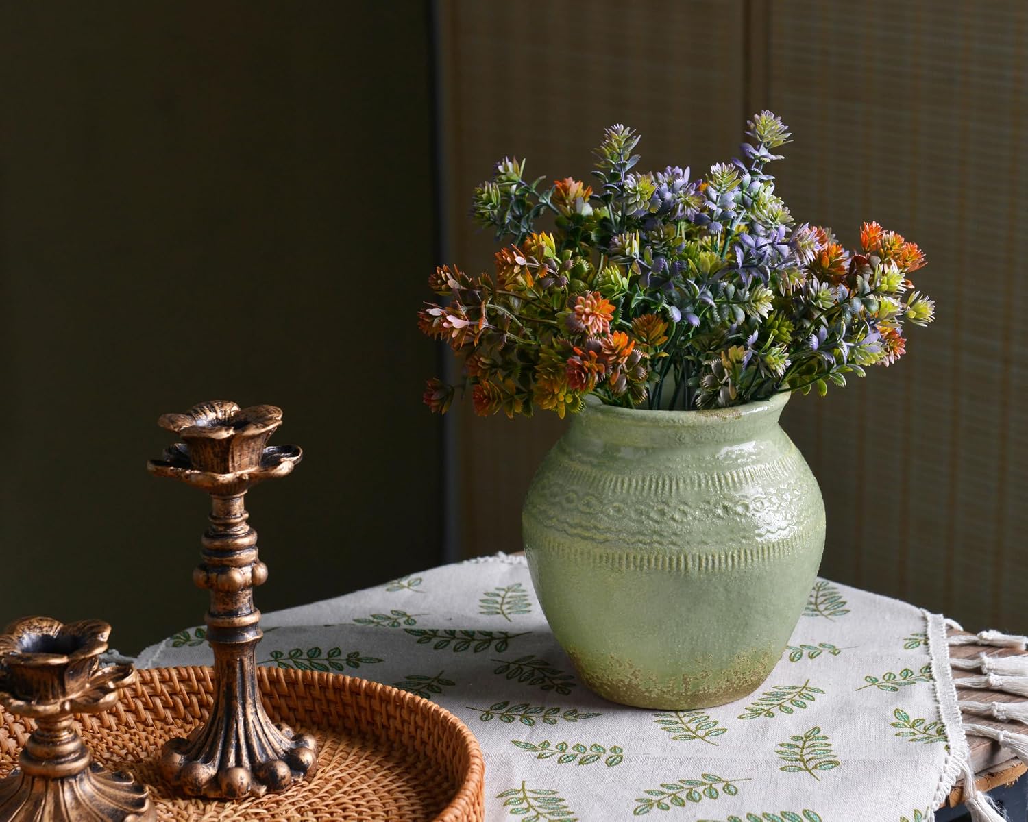 Rustic Farmhouse Ceramic Vase, Green Distressed-Finish Tabletop Piece - Image 2