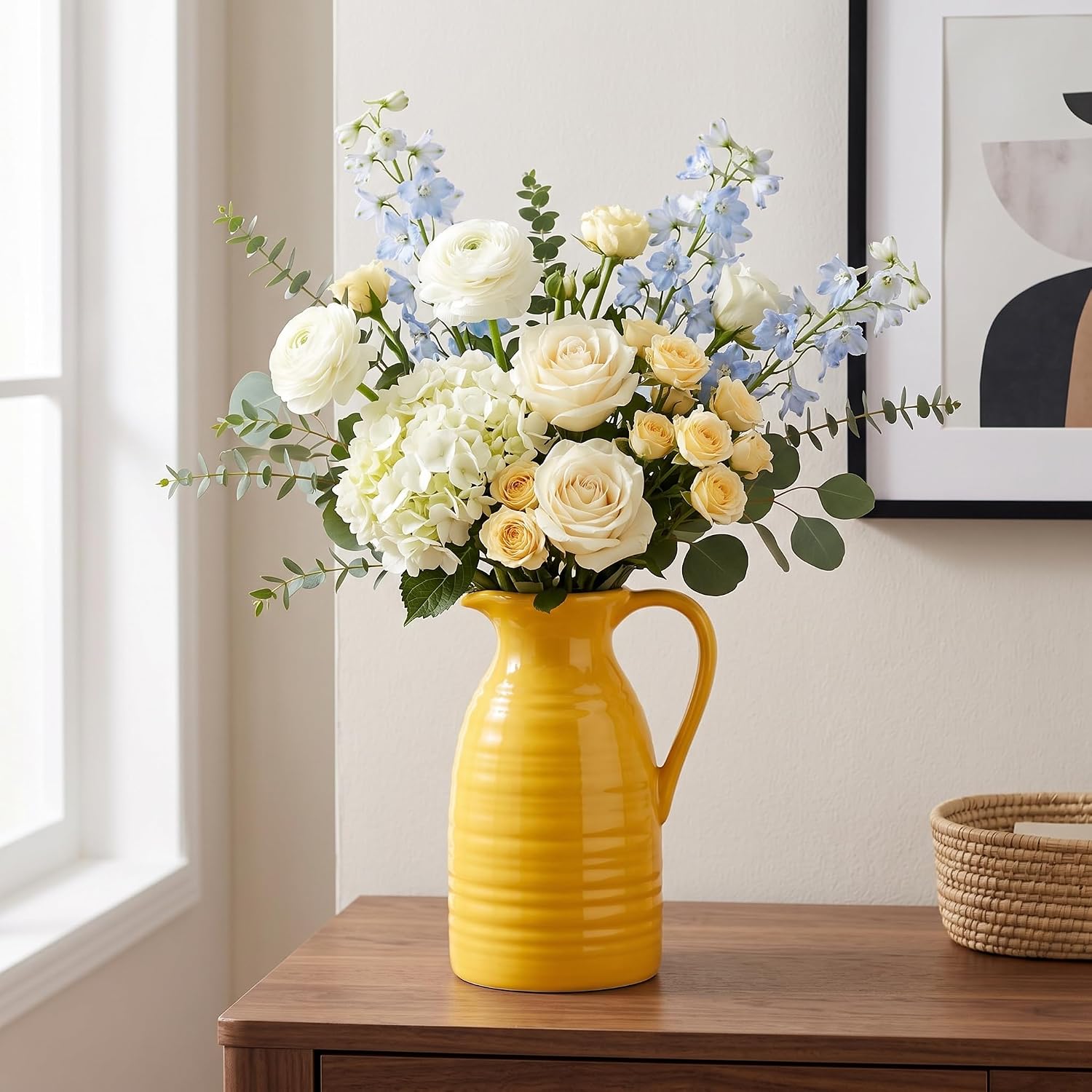 Farmhouse Pitcher-Style Vase, Yellow Ceramic Ornament - Image 2