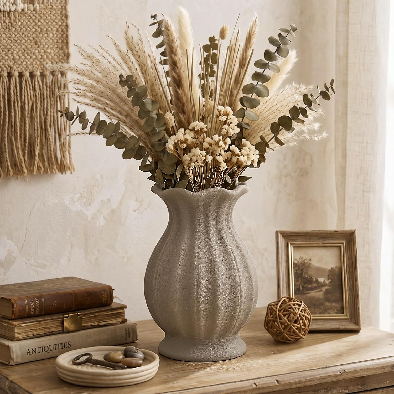 Small Ceramic Vase, Grey Ruffled-Edge Ornament